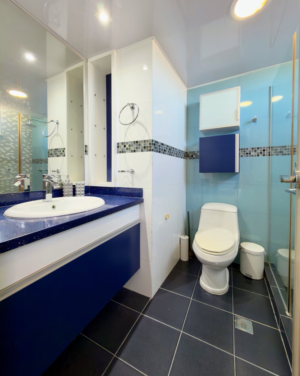 Baño privado azul con ducha